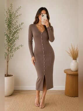 Justify Brown Ribbed Knit Midi Bodycon Dress Size M Pearl Button Long Sleeve